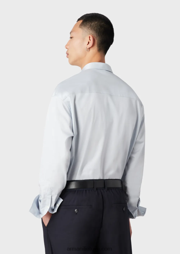 vyrų žydros spalvos Armani lengvi liocelio mišinio satino marškiniai su kišenėmis 02482X1073