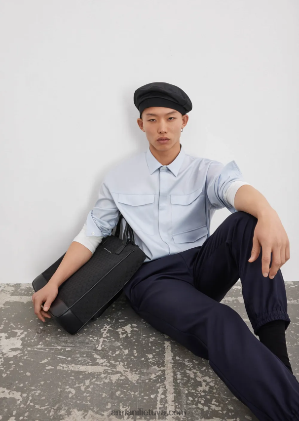 vyrų žydros spalvos Armani lengvi liocelio mišinio satino marškiniai su kišenėmis 02482X1073