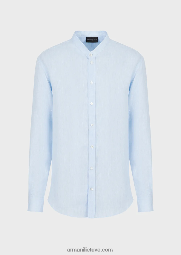 vyrų žydros spalvos Armani lininiai chambray marškiniai su guru apykakle 02482X1098