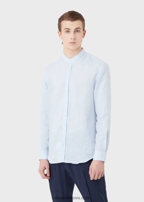 vyrų žydros spalvos Armani lininiai chambray marškiniai su guru apykakle 02482X1098