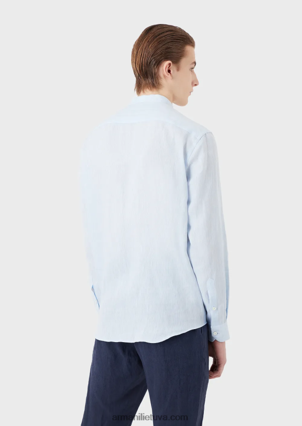 vyrų žydros spalvos Armani lininiai chambray marškiniai su guru apykakle 02482X1098