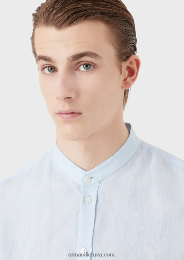 vyrų žydros spalvos Armani lininiai chambray marškiniai su guru apykakle 02482X1098