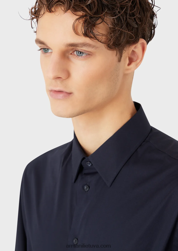 vyrų žydros spalvos Armani modernaus kirpimo tamprūs marškinėliai su standžia apykakle 02482X1128