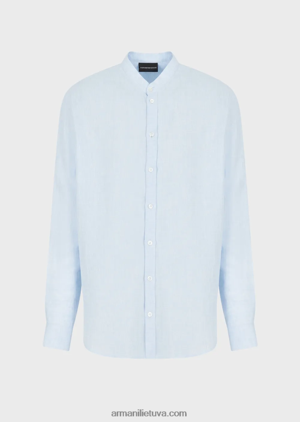 vyrų žydros spalvos Armani modernaus stiliaus lininiai chambray guru marškiniai su apykakle 02482X1141
