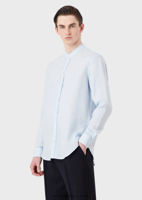 vyrų žydros spalvos Armani modernaus stiliaus lininiai chambray guru marškiniai su apykakle 02482X1141