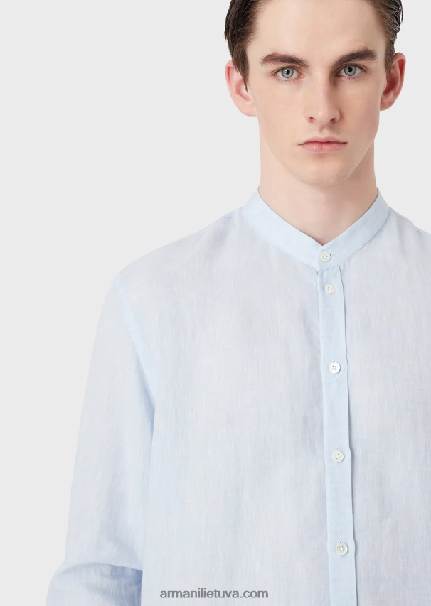 vyrų žydros spalvos Armani modernaus stiliaus lininiai chambray guru marškiniai su apykakle 02482X1141