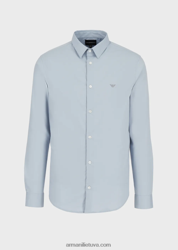 vyrų žydros spalvos Armani tamprūs nailono mišinio marškiniai su išsiuvinėtu ereliu 02482X1101