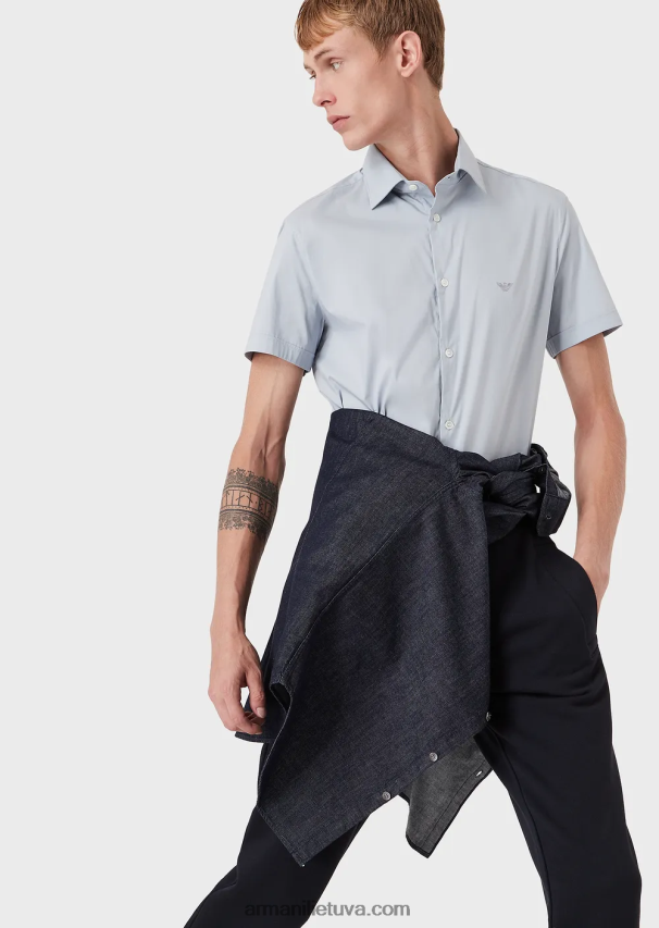 vyrų žydros spalvos Armani trumpomis rankovėmis elastingi nailono mišinio marškiniai 02482X1119