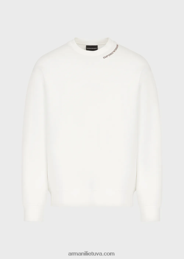 vyrų baltas Armani dvigubo trikotažo megztinis su logotipo siuvinėjimu ties iškirpte 02482X1414