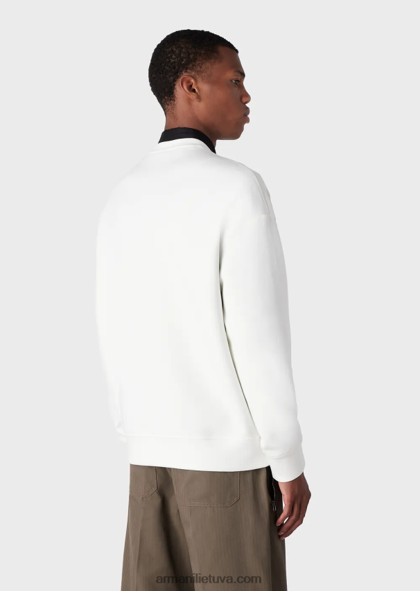 vyrų baltas Armani dvigubo trikotažo megztinis su negabaritiniu logotipo siuvinėjimu 02482X1580