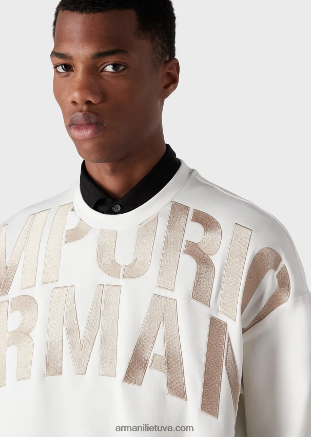 vyrų baltas Armani dvigubo trikotažo megztinis su negabaritiniu logotipo siuvinėjimu 02482X1580