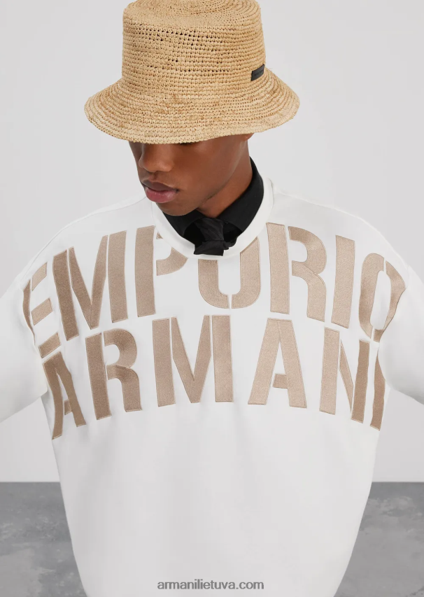 vyrų baltas Armani dvigubo trikotažo megztinis su negabaritiniu logotipo siuvinėjimu 02482X1580