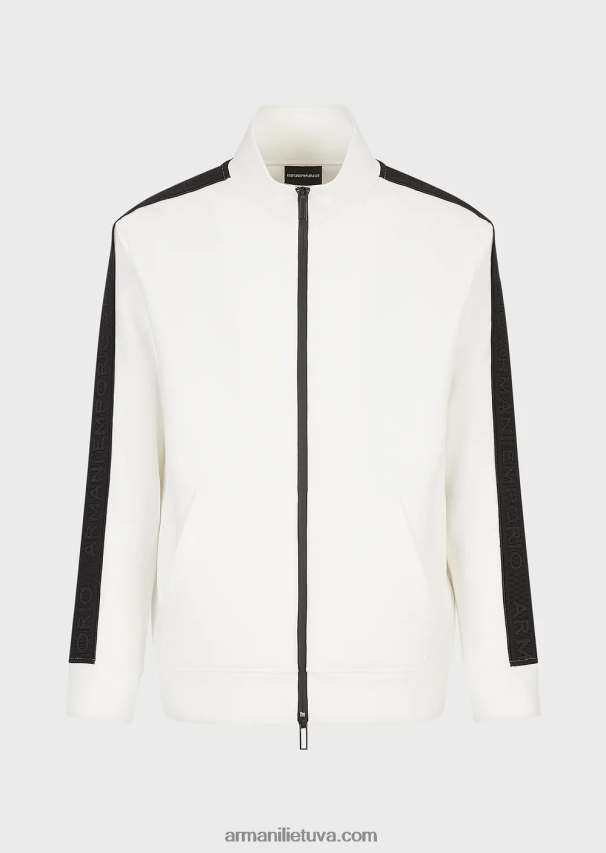 vyrų baltas Armani dvigubo trikotažo megztinis su pilnu užtrauktuku su logotipo juosta 02482X1437