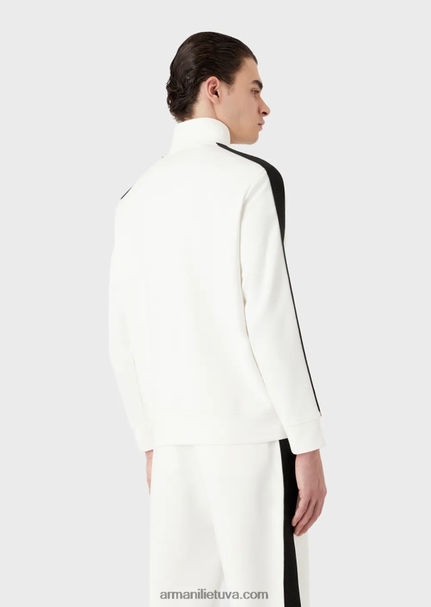 vyrų baltas Armani dvigubo trikotažo megztinis su pilnu užtrauktuku su logotipo juosta 02482X1437