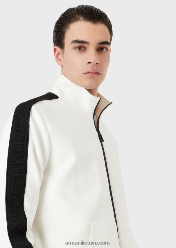 vyrų baltas Armani dvigubo trikotažo megztinis su pilnu užtrauktuku su logotipo juosta 02482X1437