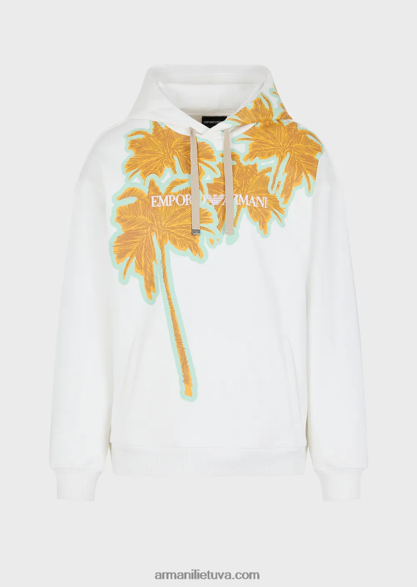 vyrų baltas Armani megztinis su gobtuvu iš minkštos medvilnės su palmės medžio raštu ir logotipu 02482X1591