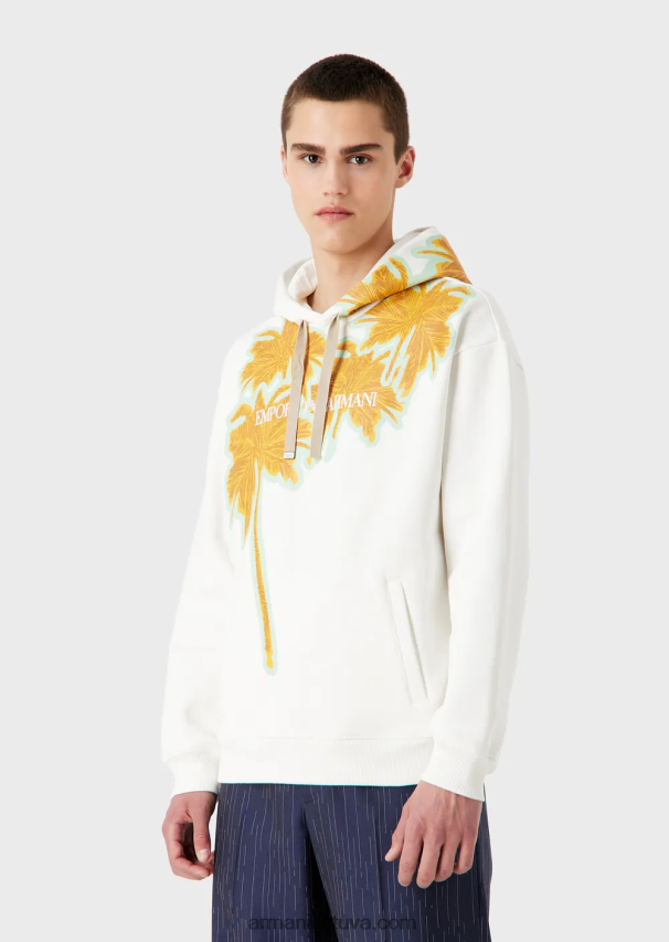 vyrų baltas Armani megztinis su gobtuvu iš minkštos medvilnės su palmės medžio raštu ir logotipu 02482X1591