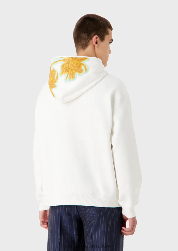 vyrų baltas Armani megztinis su gobtuvu iš minkštos medvilnės su palmės medžio raštu ir logotipu 02482X1591