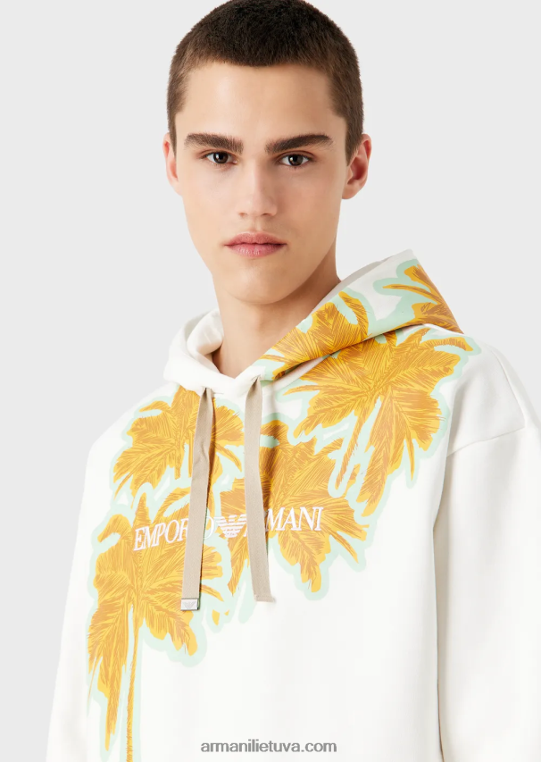 vyrų baltas Armani megztinis su gobtuvu iš minkštos medvilnės su palmės medžio raštu ir logotipu 02482X1591