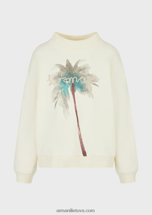 vyrų baltas Armani megztinis su palmių raštu ir l'amour siuvinėjimu 02482X1590