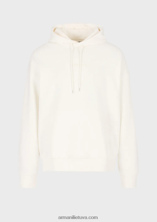 vyrų baltas Armani sunkaus džersio megztinis su gobtuvu su ryškiu guminiu logotipu 02482X1419