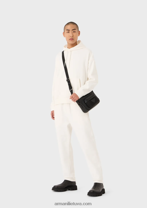 vyrų baltas Armani sunkaus džersio megztinis su gobtuvu su ryškiu guminiu logotipu 02482X1419