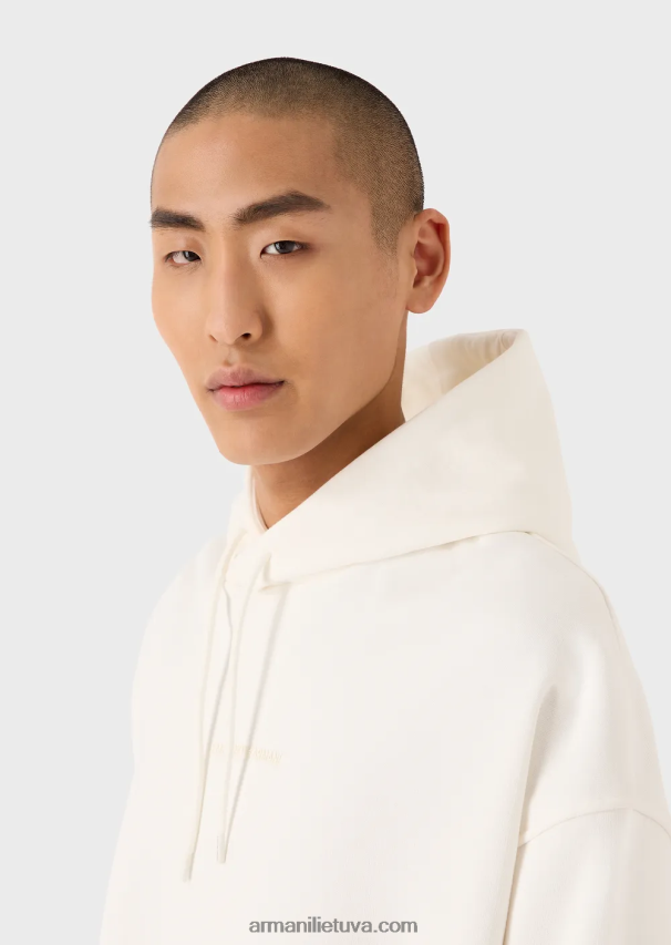 vyrų baltas Armani sunkaus džersio megztinis su gobtuvu su ryškiu guminiu logotipu 02482X1419