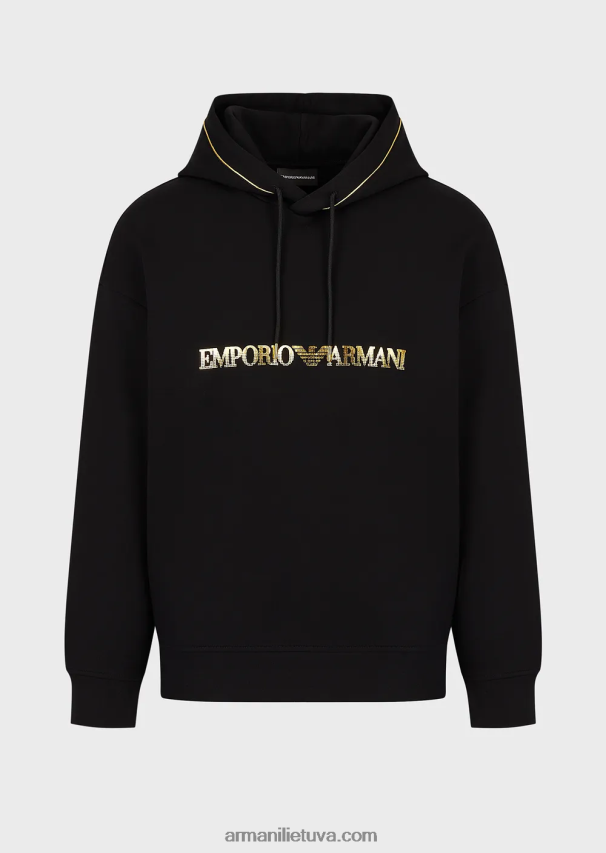 vyrų juodas Armani dvigubas megztinis su gobtuvu su aukso spalvos detalėmis ir logotipu 02482X1582