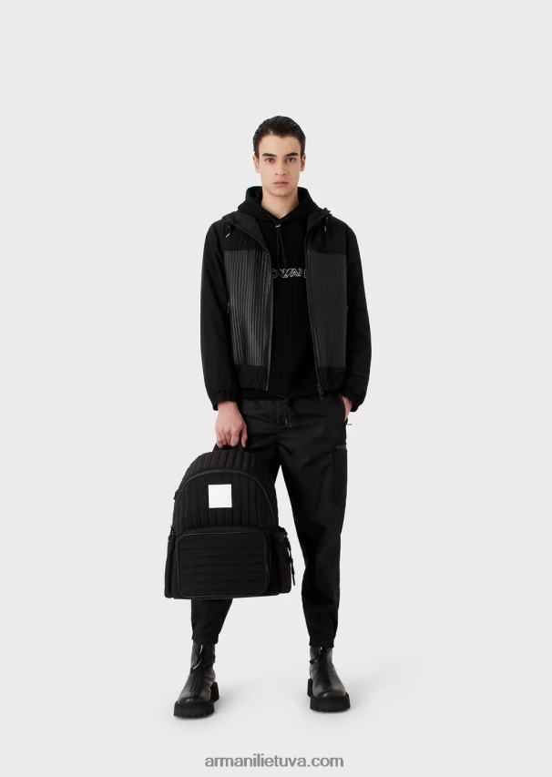 vyrų juodas Armani dvigubas megztinis su gobtuvu su išsiuvinėtu logotipu 02482X1586