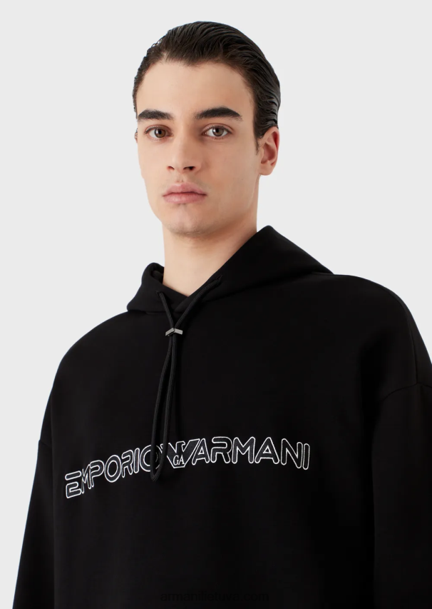 vyrų juodas Armani dvigubas megztinis su gobtuvu su išsiuvinėtu logotipu 02482X1586