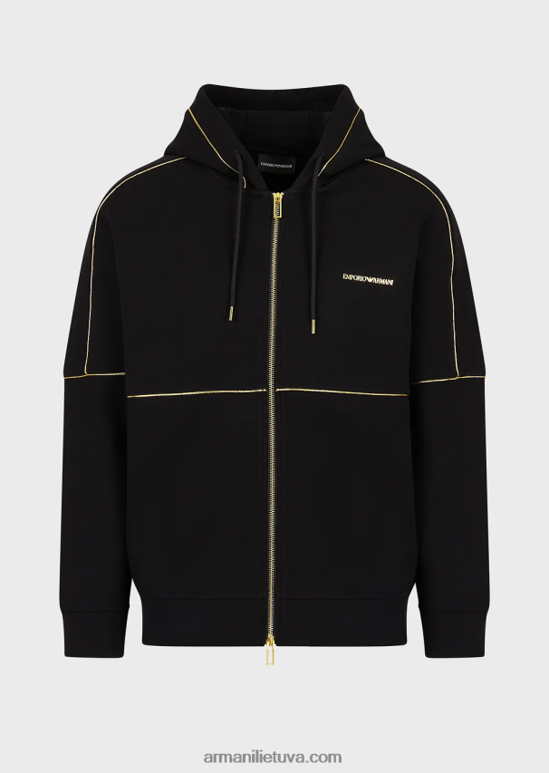 vyrų juodas Armani dvigubo trikotažo džemperis su gobtuvu su užtrauktuku su aukso spalvos detalėmis ir logotipu 02482X1581