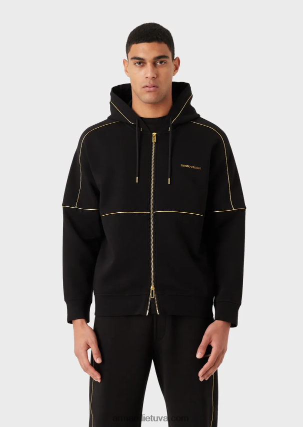 vyrų juodas Armani dvigubo trikotažo džemperis su gobtuvu su užtrauktuku su aukso spalvos detalėmis ir logotipu 02482X1581