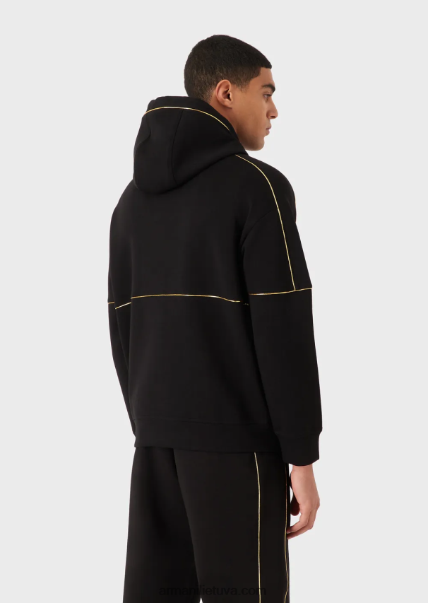 vyrų juodas Armani dvigubo trikotažo džemperis su gobtuvu su užtrauktuku su aukso spalvos detalėmis ir logotipu 02482X1581