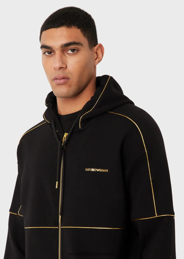 vyrų juodas Armani dvigubo trikotažo džemperis su gobtuvu su užtrauktuku su aukso spalvos detalėmis ir logotipu 02482X1581