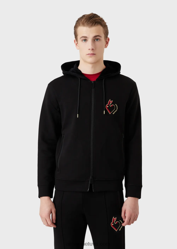 vyrų juodas Armani dvigubo trikotažo džemperis su gobtuvu su užtrauktuku su triušio siuvinėjimu 02482X1444