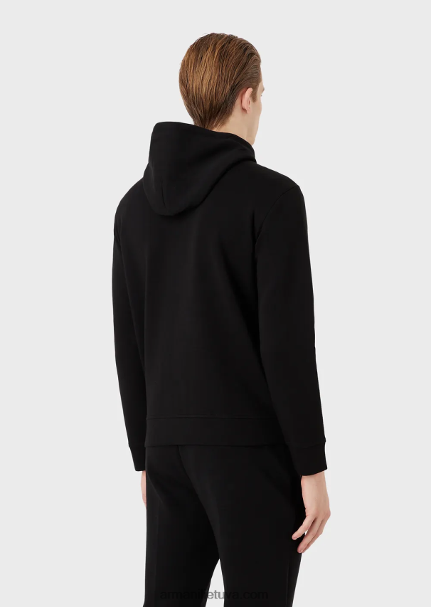 vyrų juodas Armani dvigubo trikotažo džemperis su gobtuvu su užtrauktuku su triušio siuvinėjimu 02482X1444