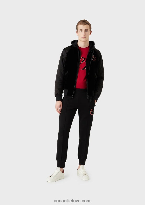 vyrų juodas Armani dvigubo trikotažo džemperis su gobtuvu su užtrauktuku su triušio siuvinėjimu 02482X1444