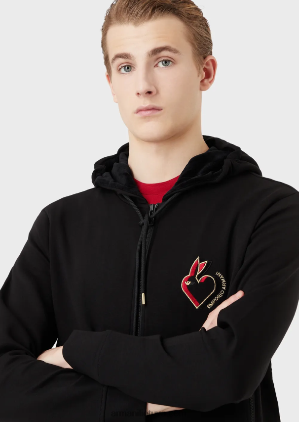 vyrų juodas Armani dvigubo trikotažo džemperis su gobtuvu su užtrauktuku su triušio siuvinėjimu 02482X1444