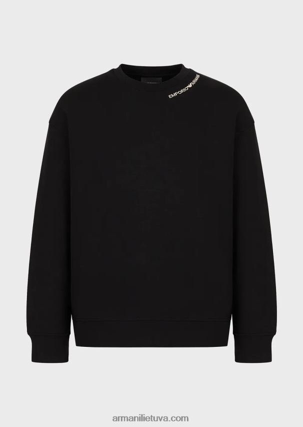 vyrų juodas Armani dvigubo trikotažo megztinis su logotipo siuvinėjimu ties iškirpte 02482X1413