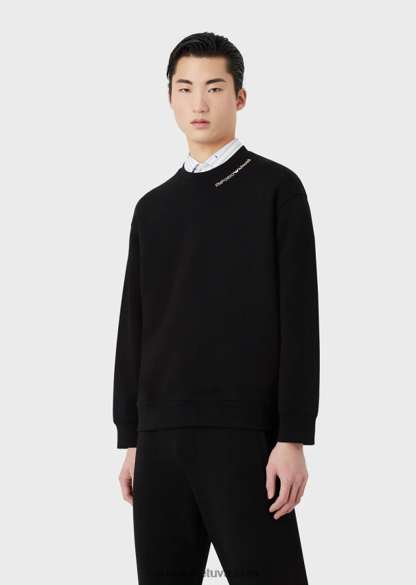 vyrų juodas Armani dvigubo trikotažo megztinis su logotipo siuvinėjimu ties iškirpte 02482X1413