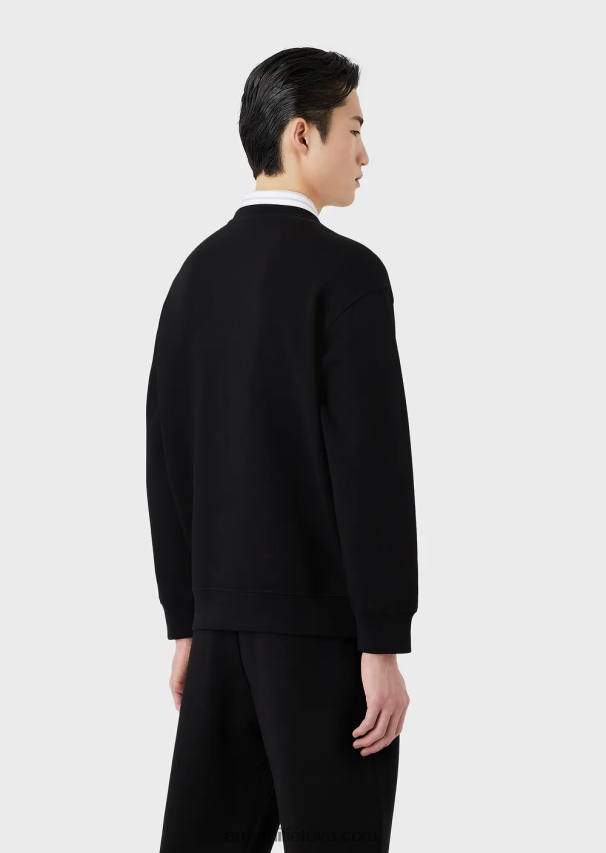 vyrų juodas Armani dvigubo trikotažo megztinis su logotipo siuvinėjimu ties iškirpte 02482X1413