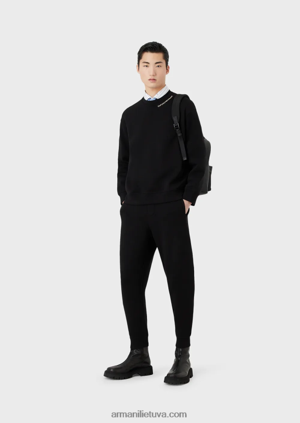 vyrų juodas Armani dvigubo trikotažo megztinis su logotipo siuvinėjimu ties iškirpte 02482X1413