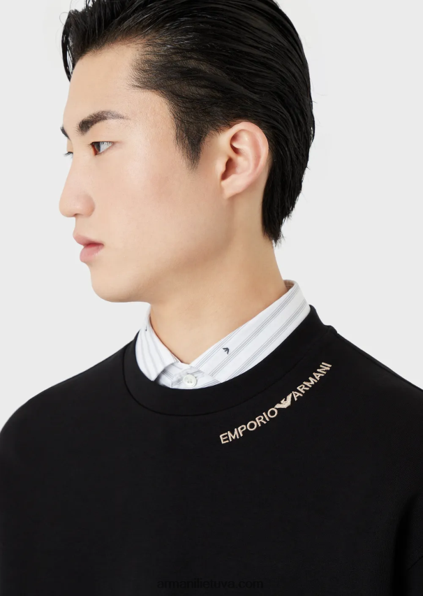 vyrų juodas Armani dvigubo trikotažo megztinis su logotipo siuvinėjimu ties iškirpte 02482X1413