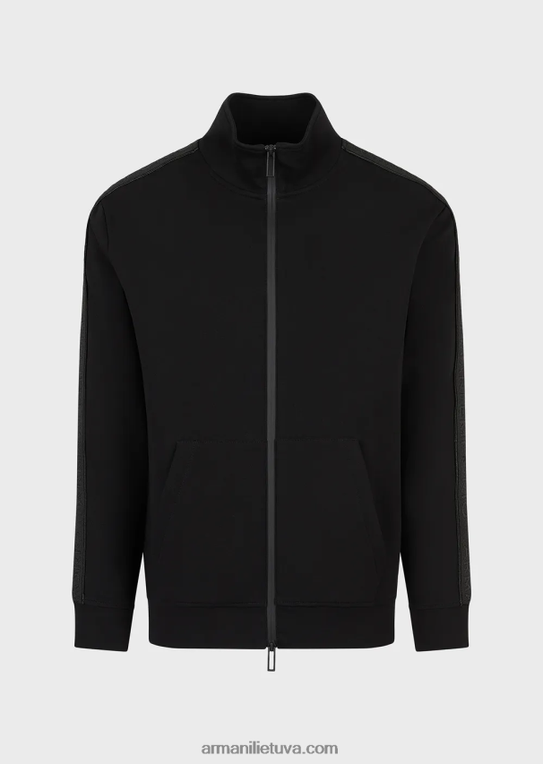 vyrų juodas Armani dvigubo trikotažo megztinis su pilnu užtrauktuku su logotipo juosta 02482X1436