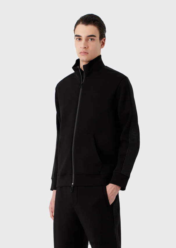 vyrų juodas Armani dvigubo trikotažo megztinis su pilnu užtrauktuku su logotipo juosta 02482X1436
