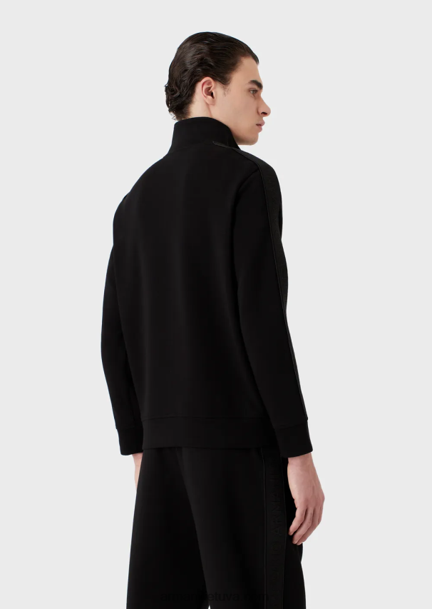 vyrų juodas Armani dvigubo trikotažo megztinis su pilnu užtrauktuku su logotipo juosta 02482X1436
