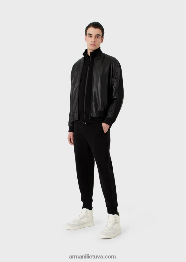 vyrų juodas Armani dvigubo trikotažo megztinis su pilnu užtrauktuku su logotipo juosta 02482X1436