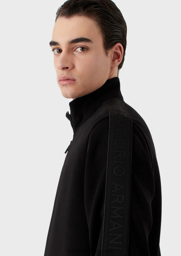 vyrų juodas Armani dvigubo trikotažo megztinis su pilnu užtrauktuku su logotipo juosta 02482X1436