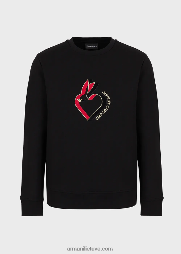 vyrų juodas Armani dvigubo trikotažo megztinis su triušio siuvinėjimu 02482X1445