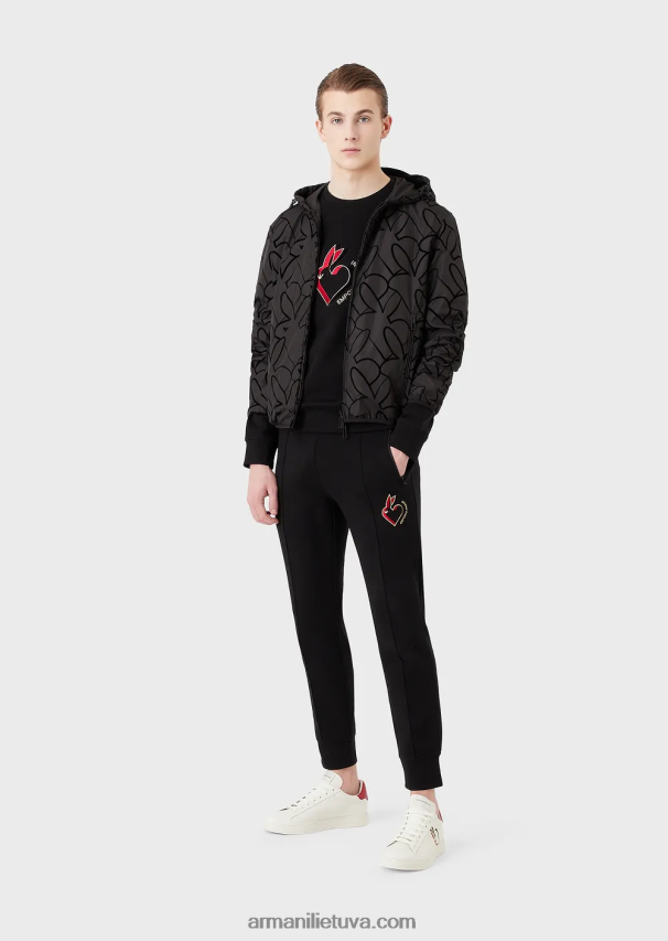 vyrų juodas Armani dvigubo trikotažo megztinis su triušio siuvinėjimu 02482X1445